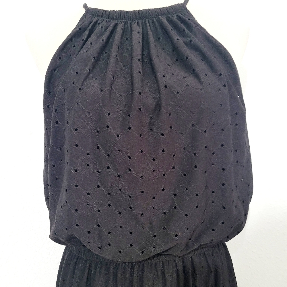 London Times Women's Black Eyelet Halter Dress Size 10 Lined Keyhole Back - Picture 3 of 11